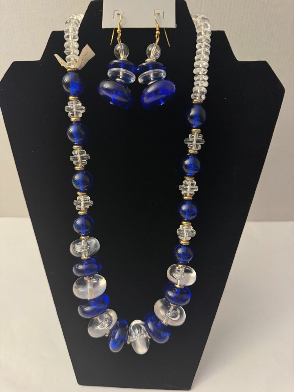 Vintage Blue Clear Lucite Acrylic Bead Necklace Earring Set Made in Hong Kong